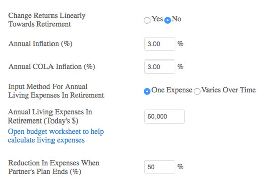 Retirement Inputs in WealthTrace