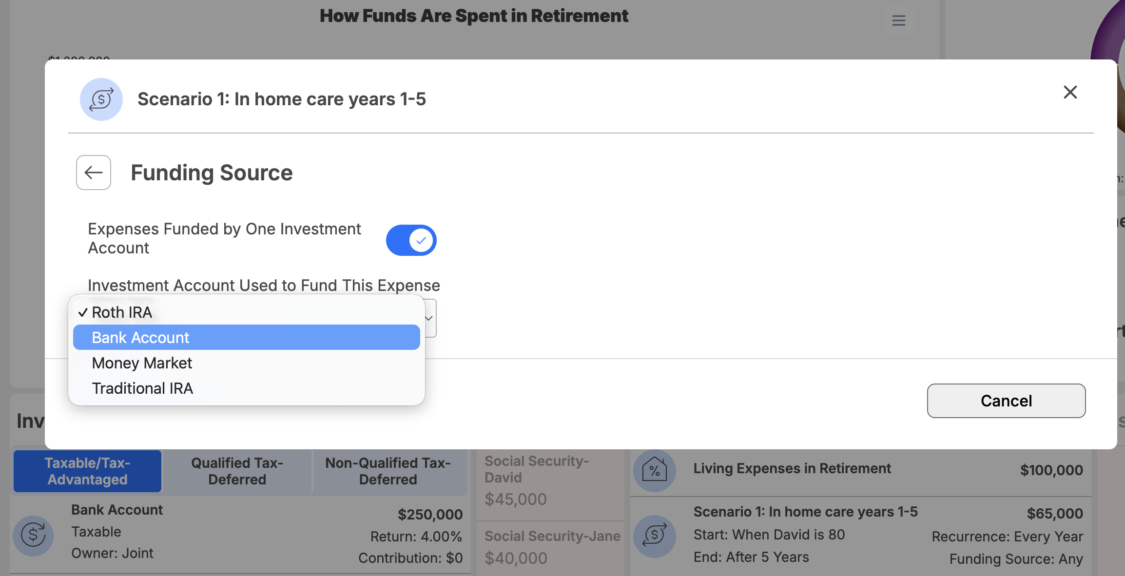 Long-term care funding sources in WealthTrace