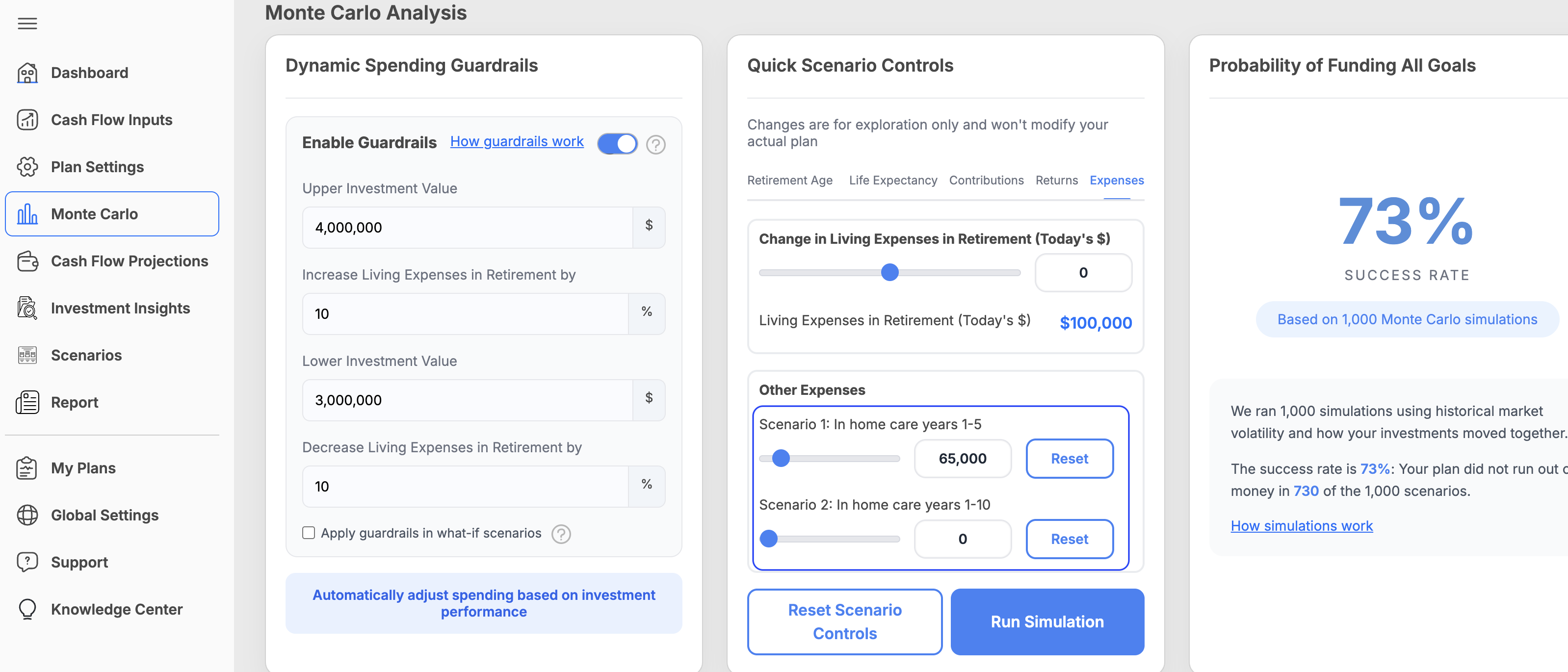Long-term care scenarios in WealthTrace