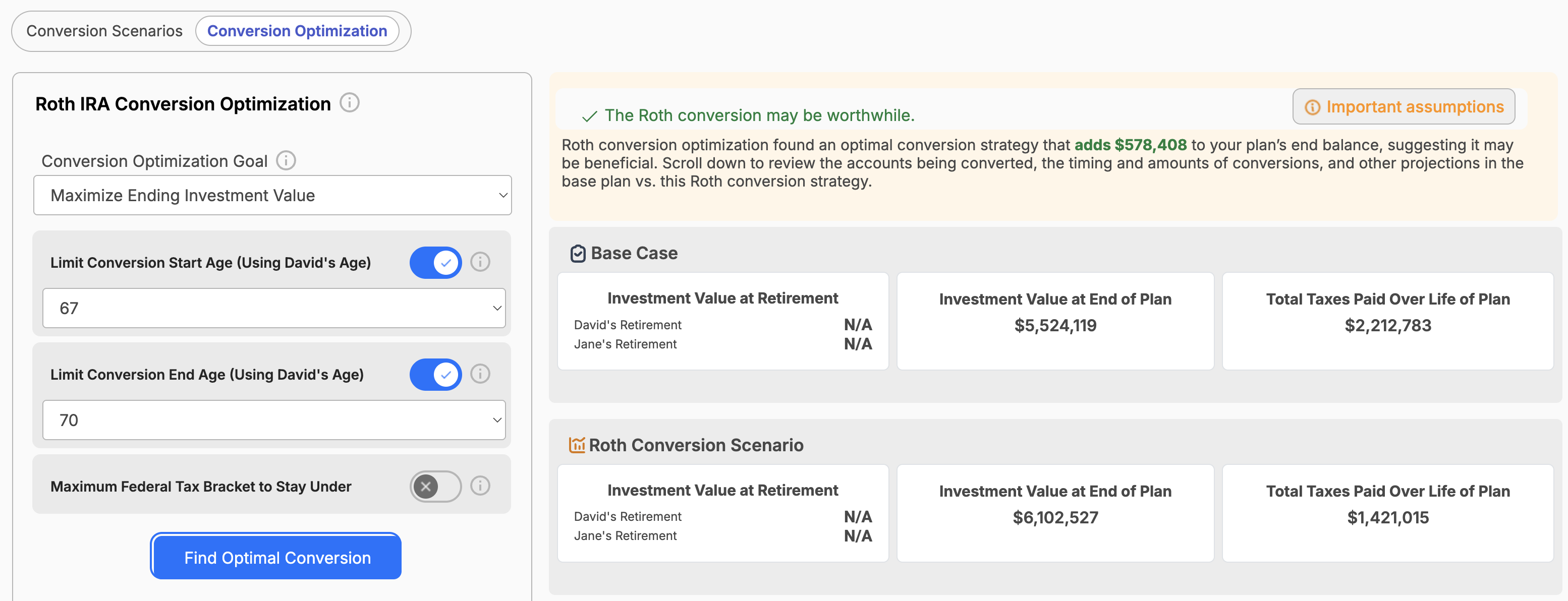 Roth Conversion Optimization results in WealthTrace