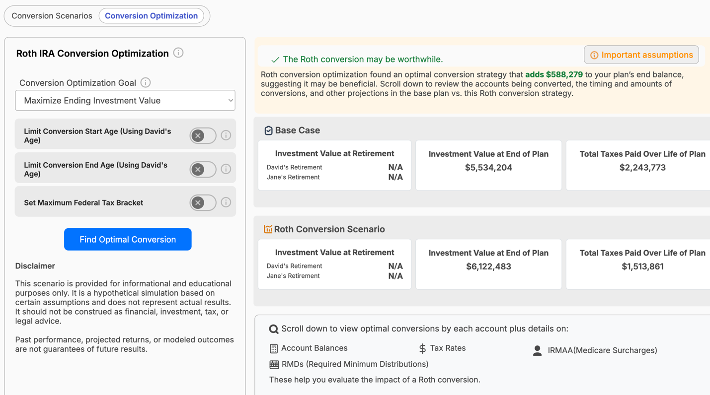WealthTrace Roth conversion scenario screenshot