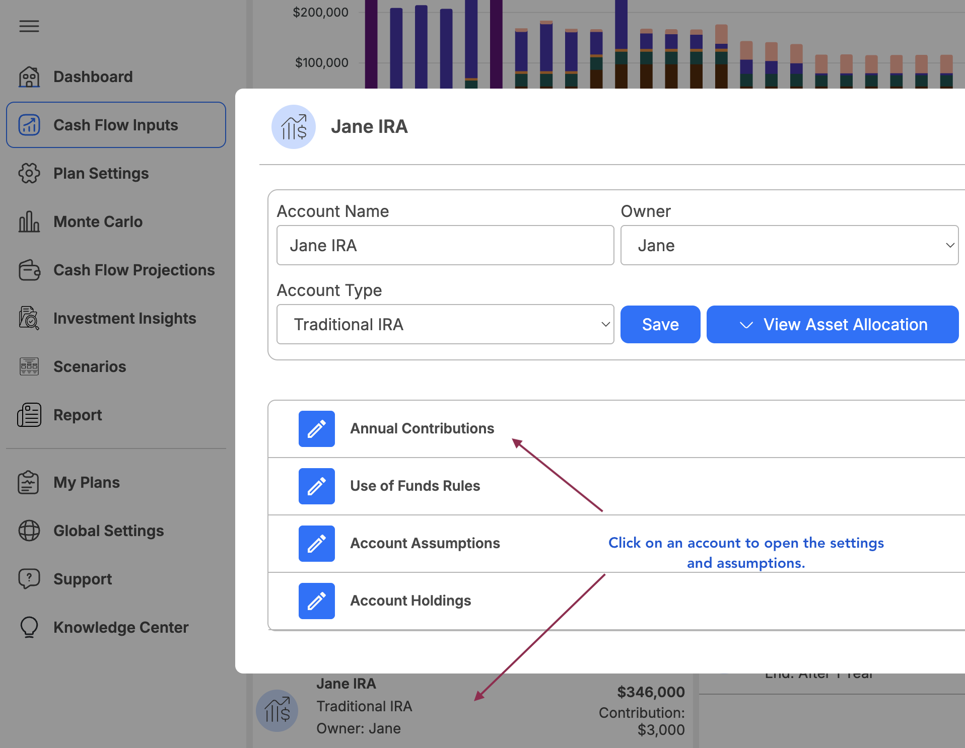 Model IRA contributions in WealthTrace