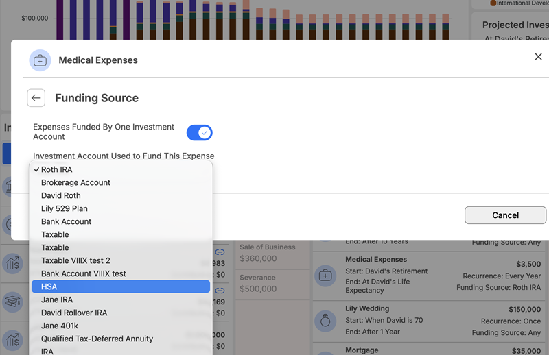 Tie medical expenses to an HSA account in WealthTrace