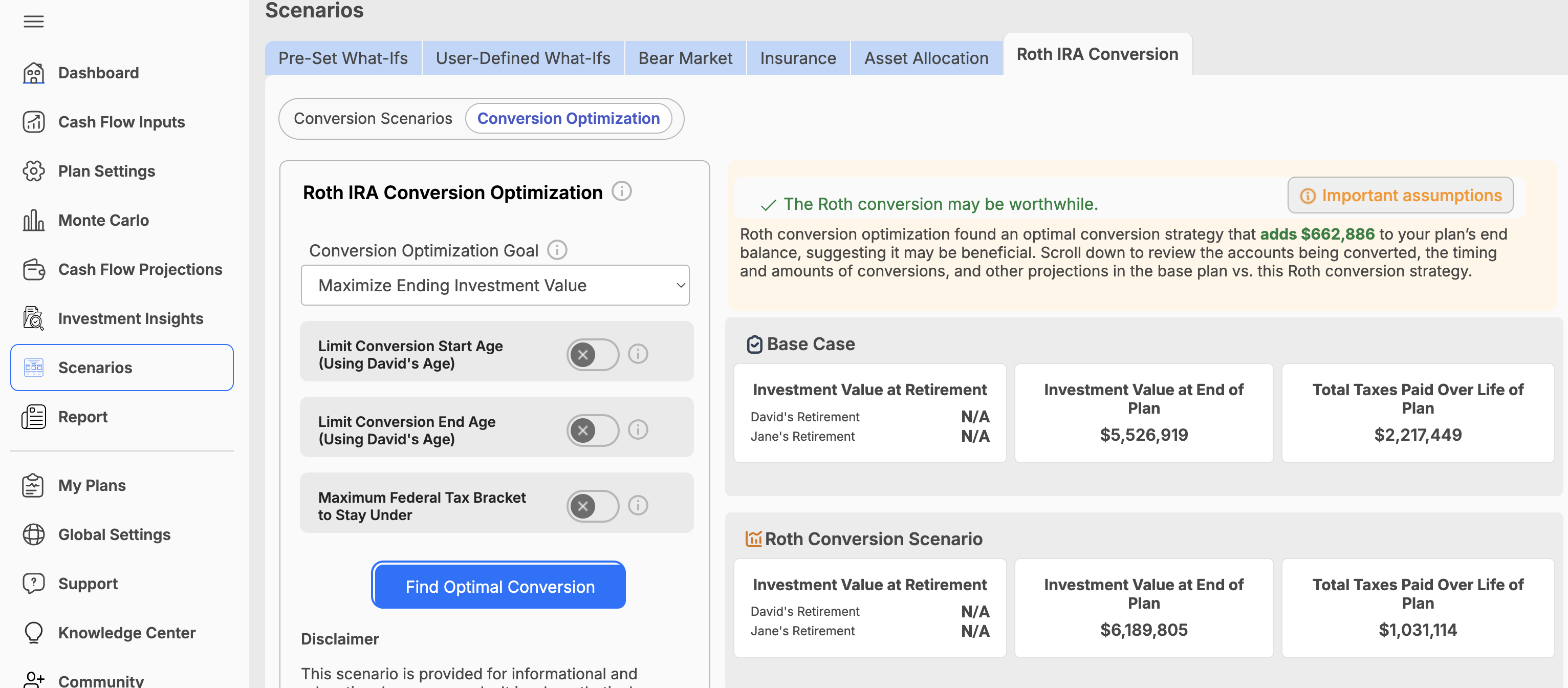 Roth conversion planning in WealthTrace