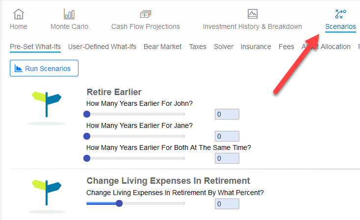 Scenarios section in WealthTrace