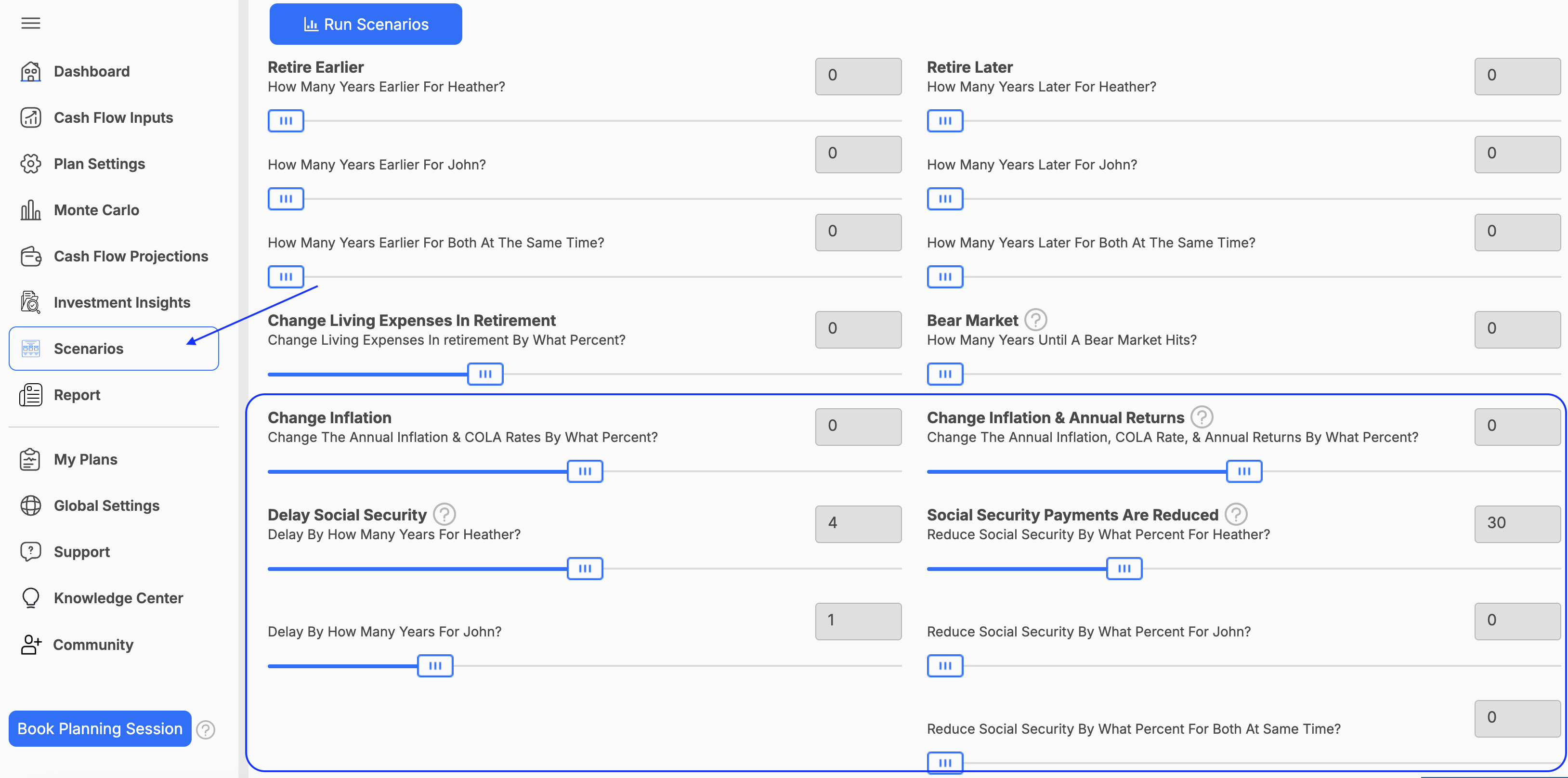 Scenarios Run different Social Security scenarios in WealthTrace