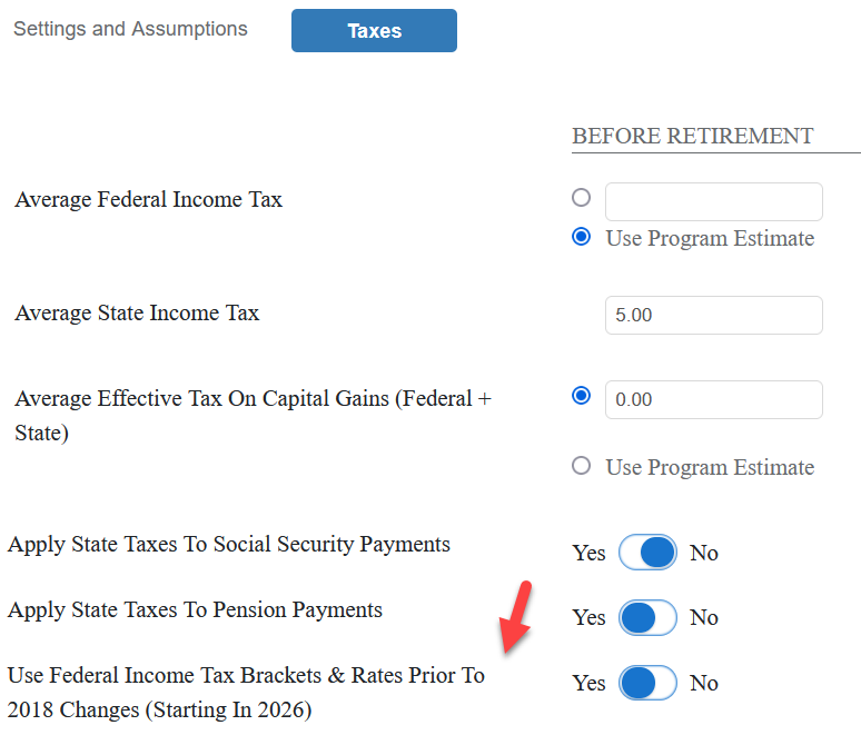 Setting tax brackets back to 2017 levels in WealthTrace