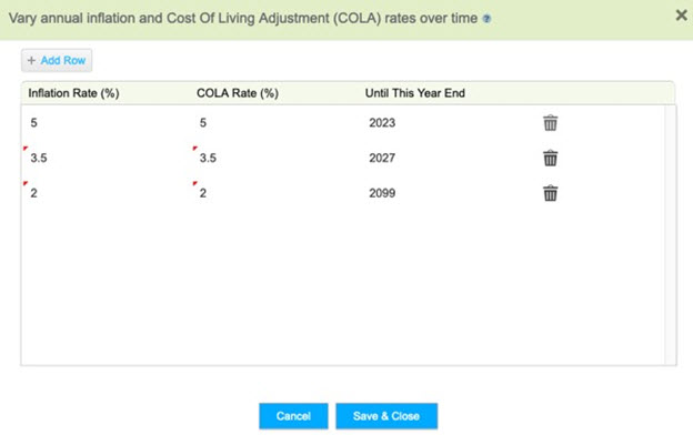 Varying inflation over time in WealthTrace financial planning software for individuals