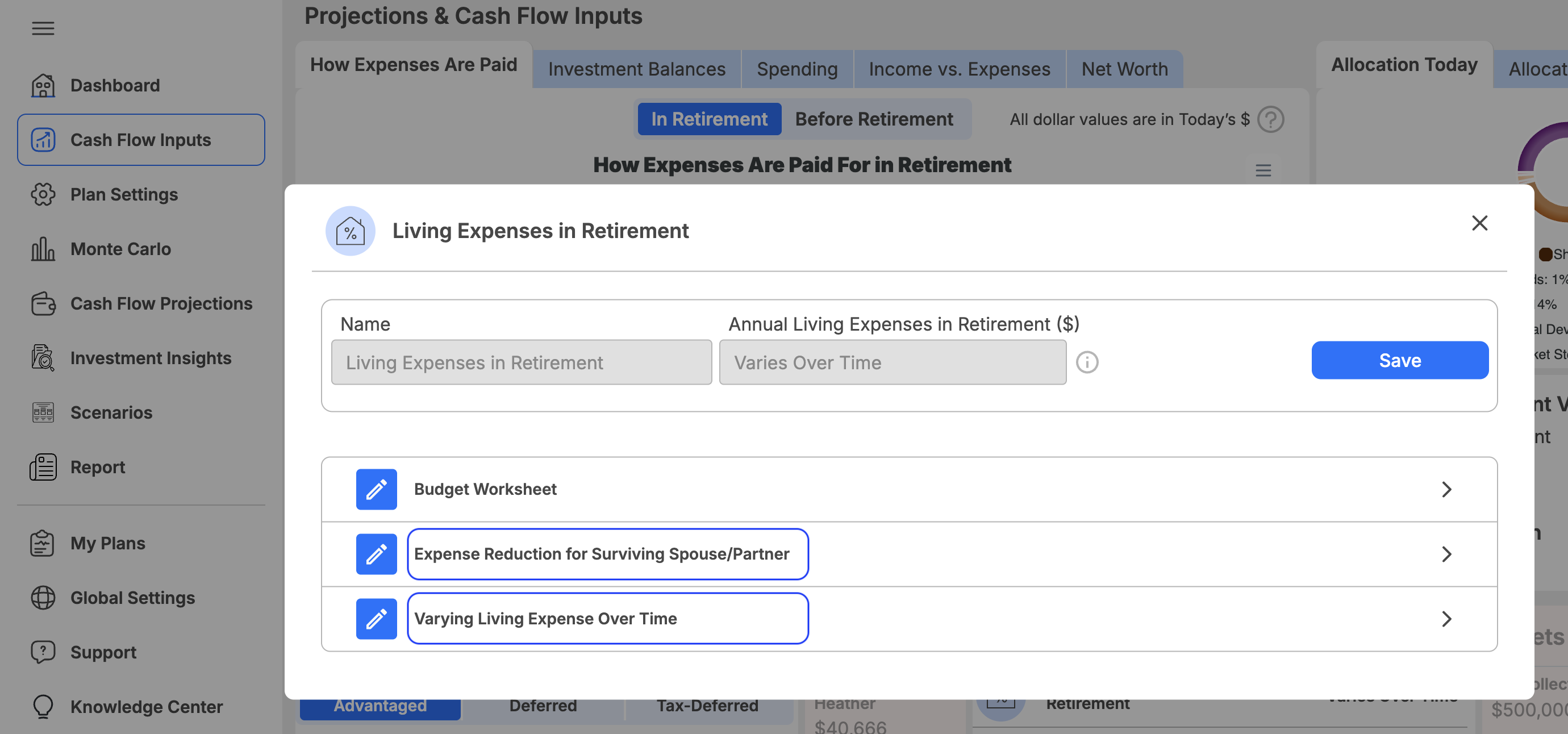 Surviving spouse retirement expenses in WealthTrace